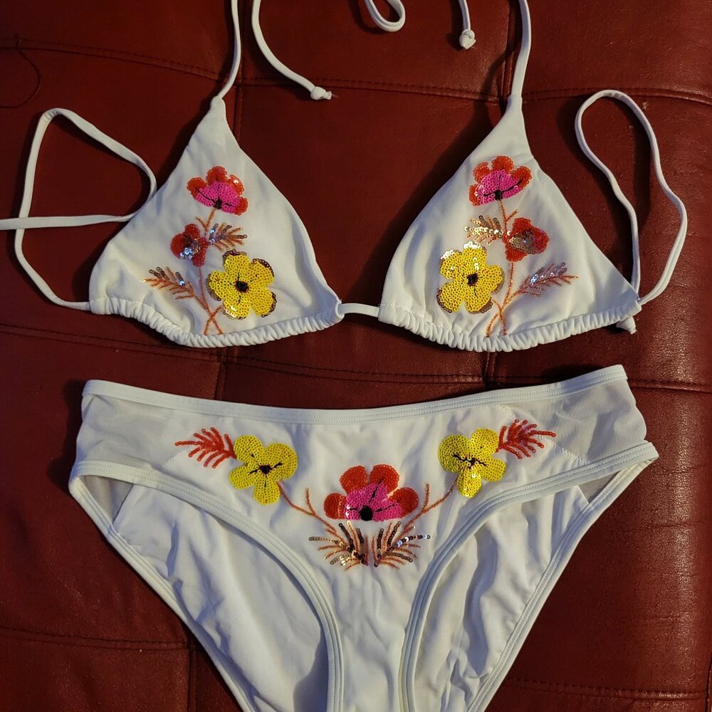 VENUS White Bikini with Yellow and Pink Sequin Floral Embroidery